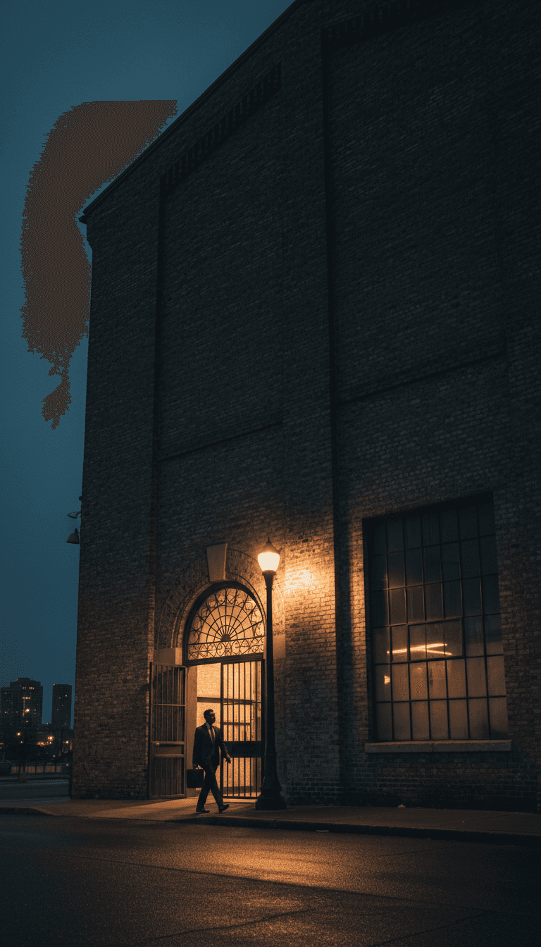 Person approaching office building at dusk