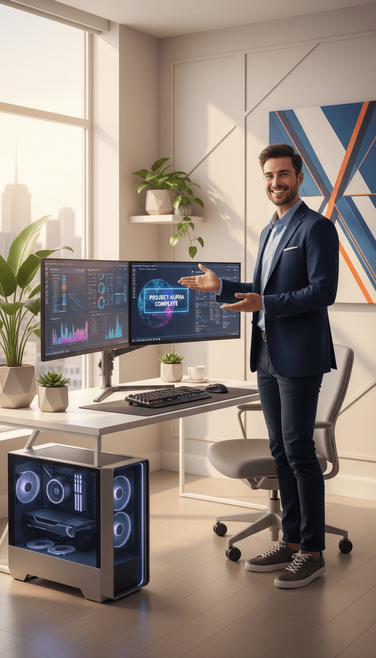 Employee settled at desk in open plan office