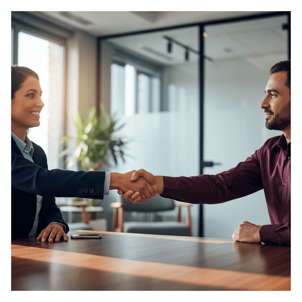Handshake between hiring manager and new employee