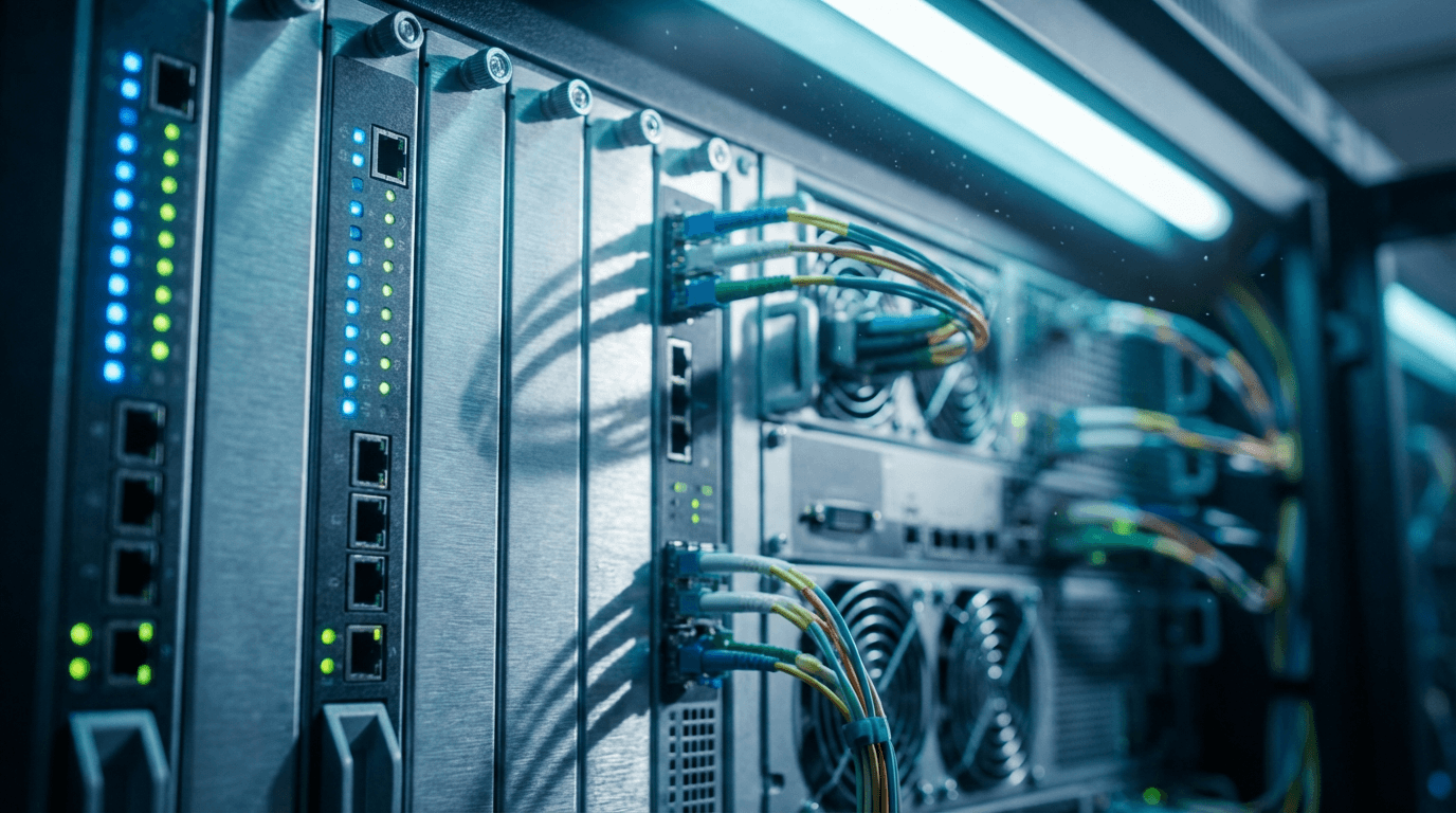 Hands placing a component into a server rack