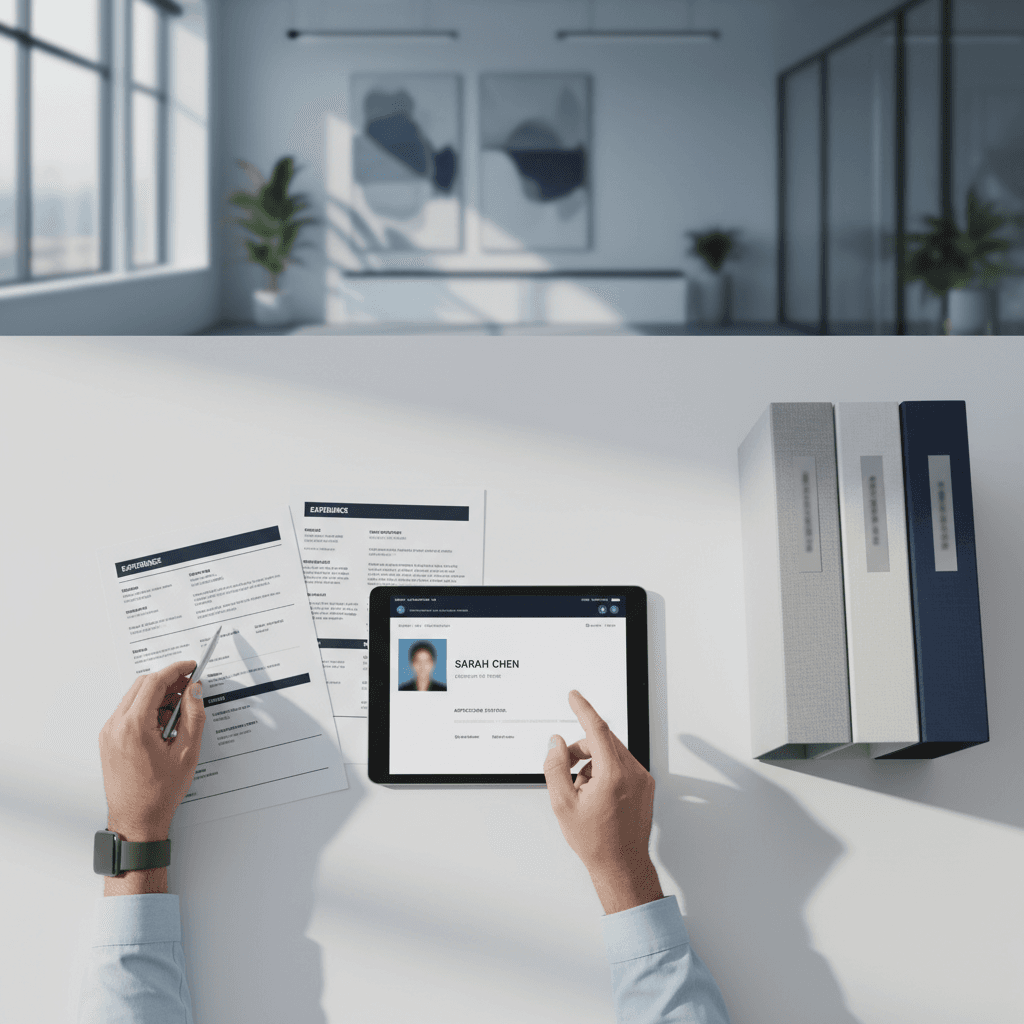 Busy hiring desk with phones and resumes